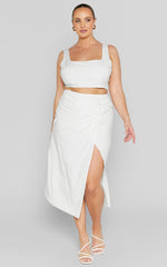 Gibson Two Piece Top and Skirt Set - Linen Crop Top and Knot Front Midi Skirt Set in White