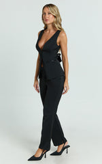 Gilmore Top - High Neck Longline Vest With Contrast Satin in Black