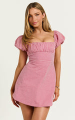 Ginny Mini Dress - Square Neck Ruched Bodice Puff Sleeve Straight Dress in Red Gingham