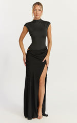 Grace Maxi Dress - Cap Sleeve Asymmetric Split Dress in Black