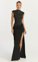 Grace Maxi Dress - Cap Sleeve Asymmetric Split Dress in Black