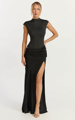 Grace Maxi Dress - Cap Sleeve Asymmetric Split Dress in Black