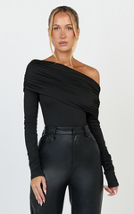 Hallie Bodysuit - One Shoulder Draped Long Sleeve Bodysuit in Black