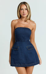Hannah Playsuit - Denim Strapless A Line Playsuit in Indigo Wash