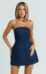 Hannah Playsuit - Denim Strapless A Line Playsuit in Indigo Wash