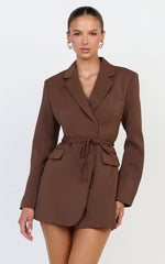Harlee Mini Dress - Belted Cinch Waist Blazer Dress in Mocha