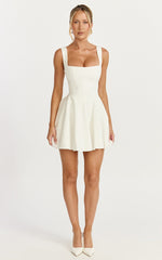 Harmony Mini Dress - Wide Strap Square Neck Fit And Flare Dress in Off White