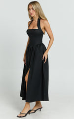 Helda Midi Dress - Halter Tie Neck Corset Panel Dress in Black