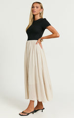 Hermie Midi Dress - Short Sleeve Contrast Dress in Black & Beige