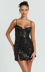 Holland Mini Dress - Sequin Sweetheart Neck Leg Split Dress in Black