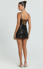 Holland Mini Dress - Sequin Sweetheart Neck Leg Split Dress in Black