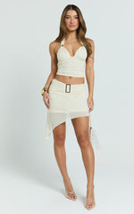 Imani Two Piece Top and Skirt Set - Hardware Detail Strappy Jersey Top And Asymmetric Mini Skirt Set in Off White