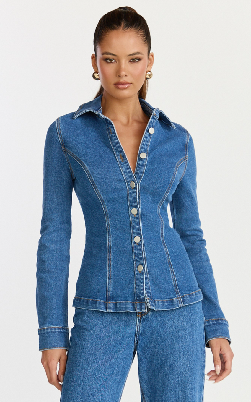 Inara Top - Button Down Long Sleeve Fitted Shirt in Dark Blue Wash