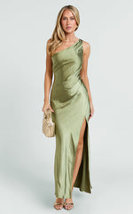 Isla Maxi Dress - Satin One Shoulder Side Split Dress in Olive
