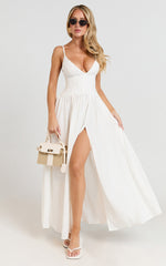 Jamilla Midi Dress - Plunge Drop Waist High Leg Split Dress in Off White