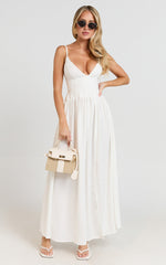 Jamilla Midi Dress - Plunge Drop Waist High Leg Split Dress in Off White