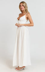 Jamilla Midi Dress - Plunge Drop Waist High Leg Split Dress in Off White