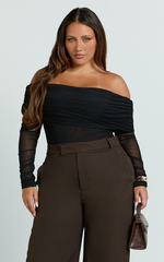 Jaythen Bodysuit - Long Sleeve Off Shoulder Ruched Mesh Bodysuit in Black