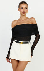 Jaythen Bodysuit - Long Sleeve Off Shoulder Ruched Mesh Bodysuit in Black