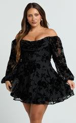 Jessell Mini Dress - Long Sleeve Cowl Corset Dress in Ebony Burnout