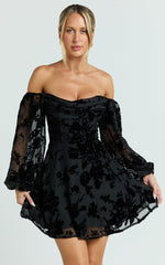 Jessell Mini Dress - Long Sleeve Cowl Corset Dress in Ebony Burnout