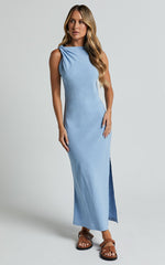 Jessenia Midi Dress - Linen High Neck Dress in Blue
