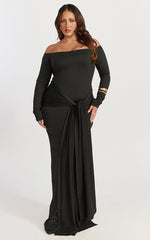 Judith Maxi Dress - Boat Neck Backless Tie Front Long Sleeve Jersey Dress in Black