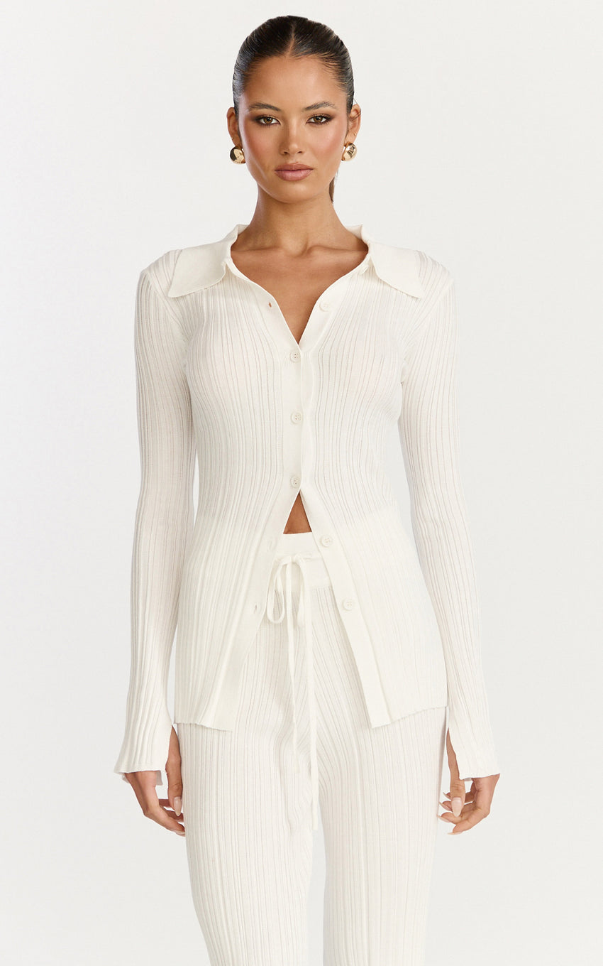 Kelsey Top - Button Through Long Sleeve Knit Top in Cream