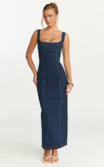 Kristie Midi Dress - Wide Neck Corset Detail Denim Dress in Dark Blue