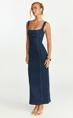 Kristie Midi Dress - Wide Neck Corset Detail Denim Dress in Dark Blue