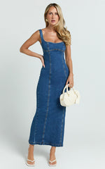 Kristie Midi Dress - Wide Neck Corset Detail Denim Dress in Dark Blue Wash