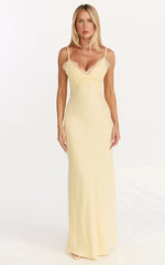 Kyra Maxi Dress - Lace Bust And Tie Back Satin Dress in Lemon