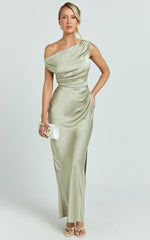 Laurie Maxi Dress - One Shoulder Ruched Dress in Light Olive