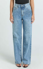 Leauna Jeans - Rhinestone Embellished High Waist Wide Leg Jeans in Mid Blue Wash