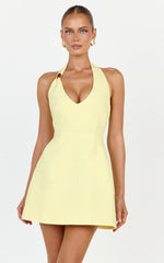 Leilani Mini Dress - Plunge Gold Hardware Fit and Flare Dress in Lemon
