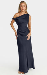 Lira Maxi Dress - One Shoulder Satin Dress in Navy