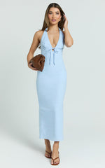 Lyla Midi Dress - Tie Front Plunge Halter Linen Blend Dress in Blue