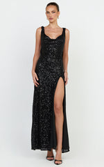 Malisha Maxi Dress - Sequin Cowl Neck Backless Dress in Black