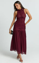 Metzie Midi Dress - High Neck Gathered Mesh Dress in Burgundy