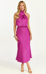Minnie Midi Dress - Drape Neck Satin Slip Dress in Purple
