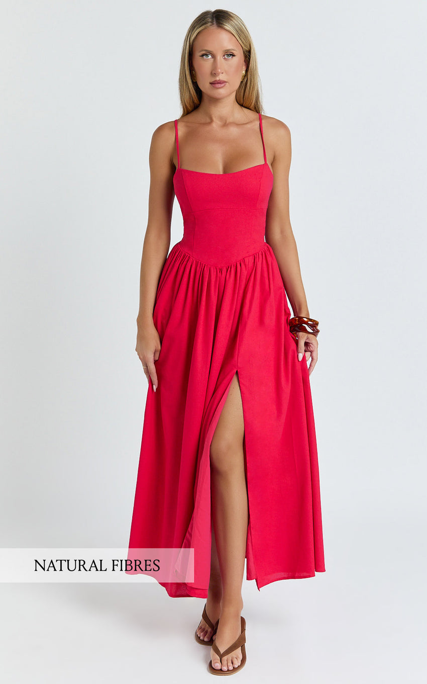 Morris Midi Dress - Linen Scoop Neck Gathered Dress in Red