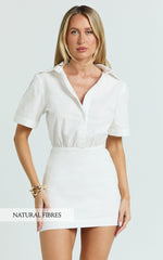 Muriel Mini Dress - Blouson Linen Blend Shirt Dress in Off White