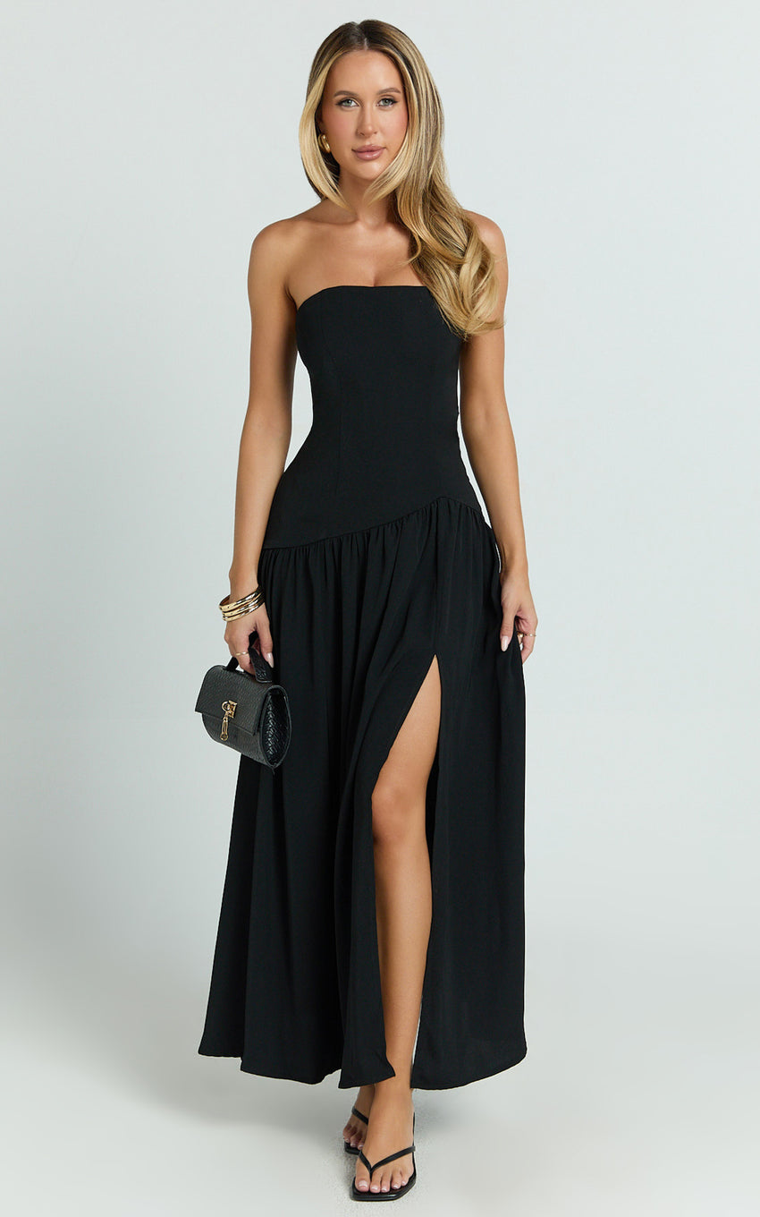 Nadiane Midi Dress - Strapless Asymmetric Drop Waist Dress in Black