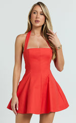 Nadine Mini Dress - Square Neck Halterneck Flare Skirt Dress in Red