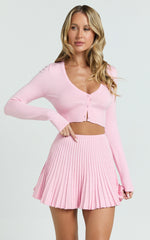 Naomi Two Piece Set - Contrast Knit Button Up Long Sleeve And Pleated Mini Skirt in Plain Baby Pink