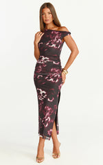 Nenita Midi Dress - One Shoulder Mesh Dress in Botanical Haze