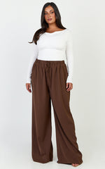 Nicole Pants - High Waist Elasticated Gathered Waist Wide Leg Pants in Mocha