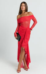 Noelle Maxi Dress - Off The Shoulder Gathered Waist Ruffle Dress in Red