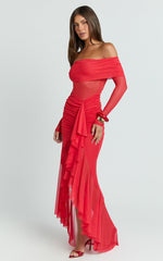 Noelle Maxi Dress - Off The Shoulder Gathered Waist Ruffle Dress in Red