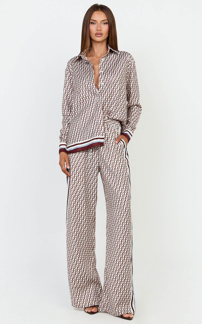 Noelle Pants- Geo Border Print High Elasticated Waist Relaxed Trousers in Geo Border Print